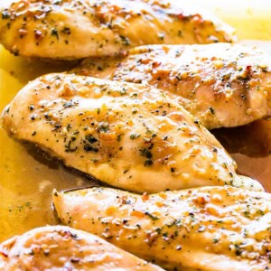 Close-up photo of cooked brown sugar chicken breasts.