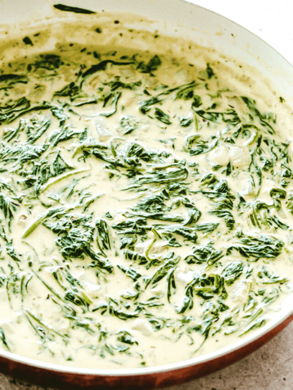 Creamed Spinach in a skillet