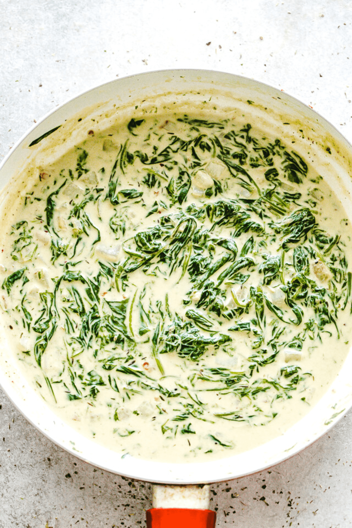 Creamed Spinach in a skillet