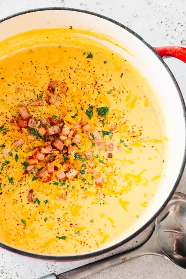 Cauliflower Cheese Soup - A wonderful twist on the classic cheese soup prepared with cauliflower, bacon, cheddar cheese, and a splash of cream. This soup will have everyone coming back for seconds! 