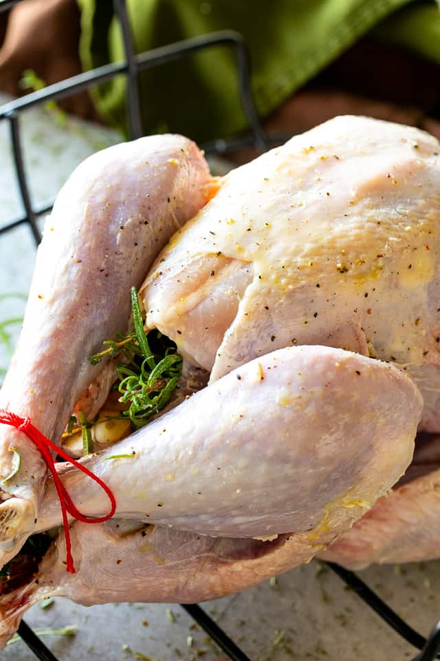 An uncooked, trussed turkey stuffed with herbs and ready for roasting.