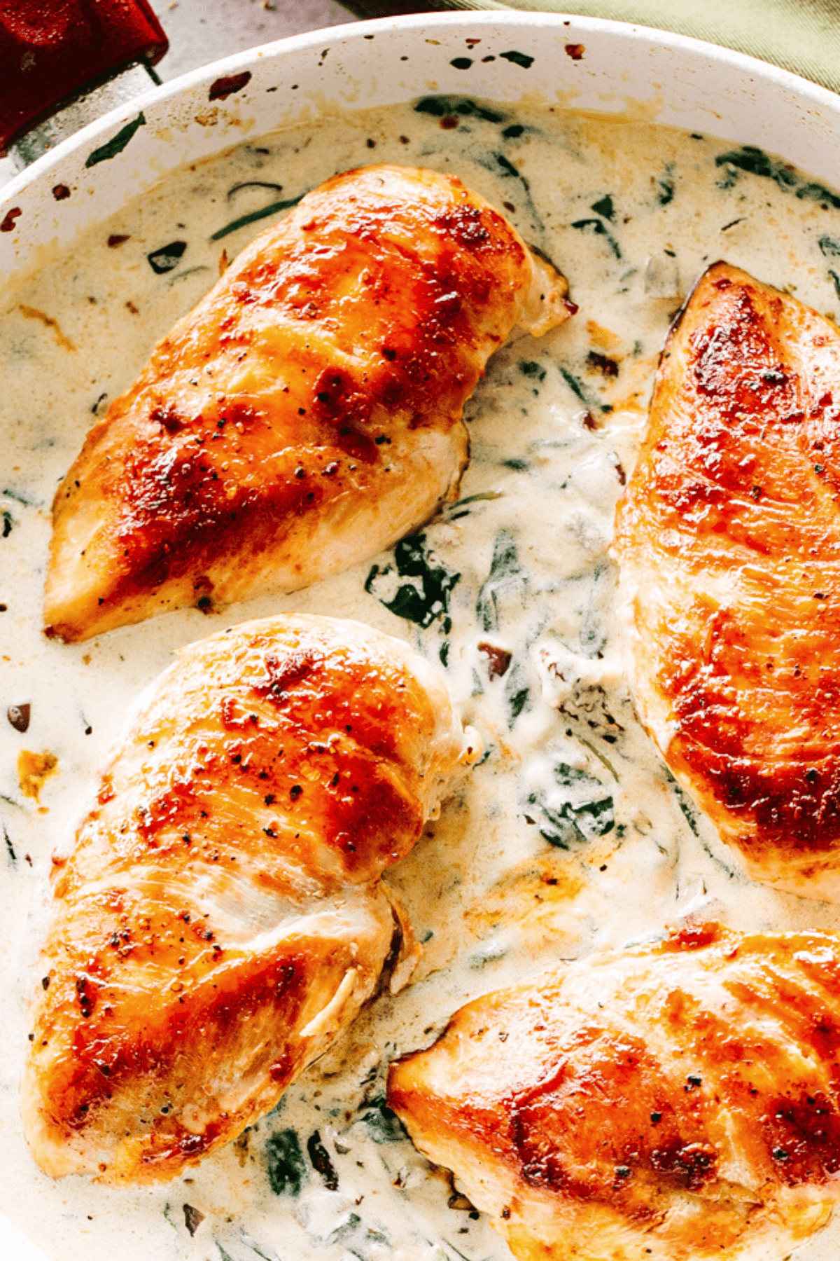Seared chicken on the creamy sauce.
