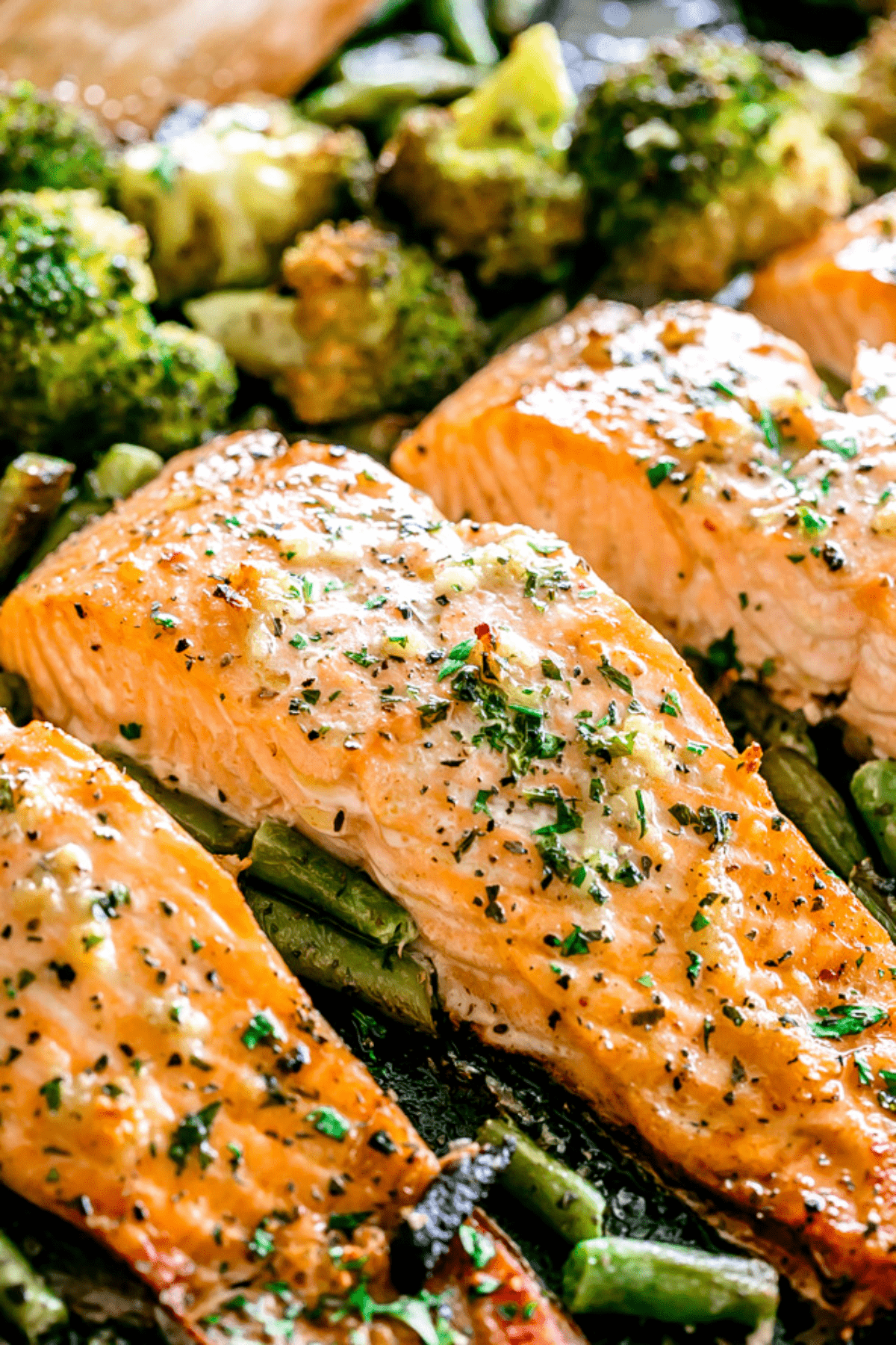 Seasoned salmon fillets baked on a tray on a bed of green vegetables.