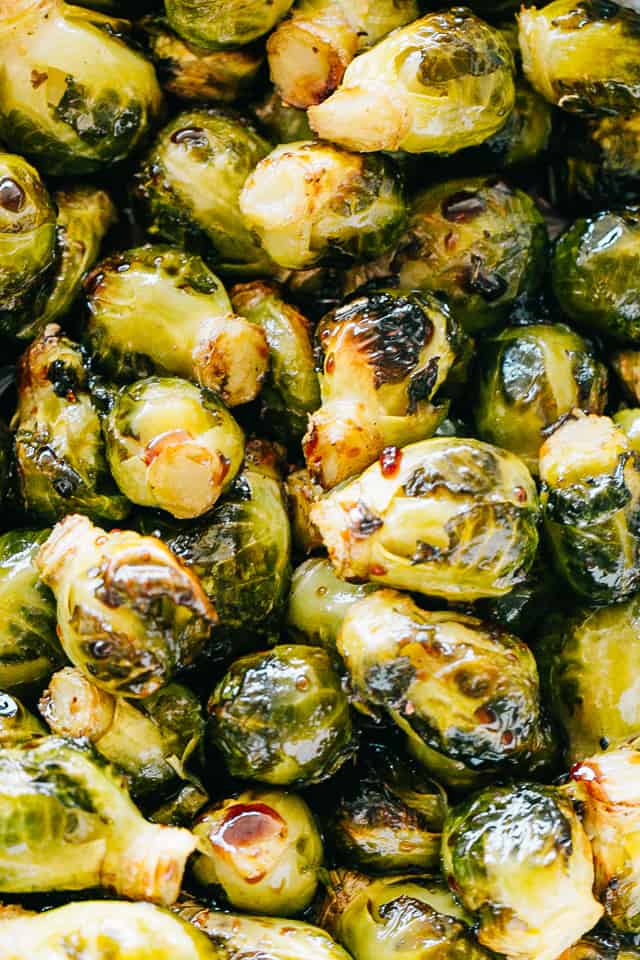 Close up shot of Roasted Brussels Sprouts tossed with a Honey Balsamic Glaze 