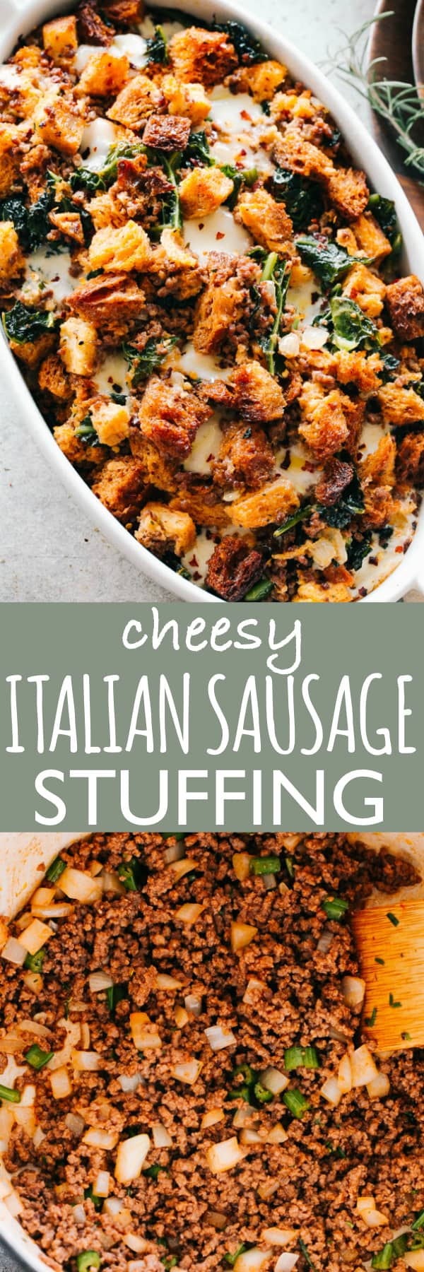 Cheesy Italian Sausage Stuffing Recipe - An incredible Thanksgiving stuffing prepared with Italian sausage, kale, and provolone cheese! A wonderful combination of savory, hearty, and cheesy, all in one bite. #thanksgiving #thanksgivingstuffing #stuffing #turkeystuffing #italian #sausages #holidaydinner #cheese #kale #tuscany