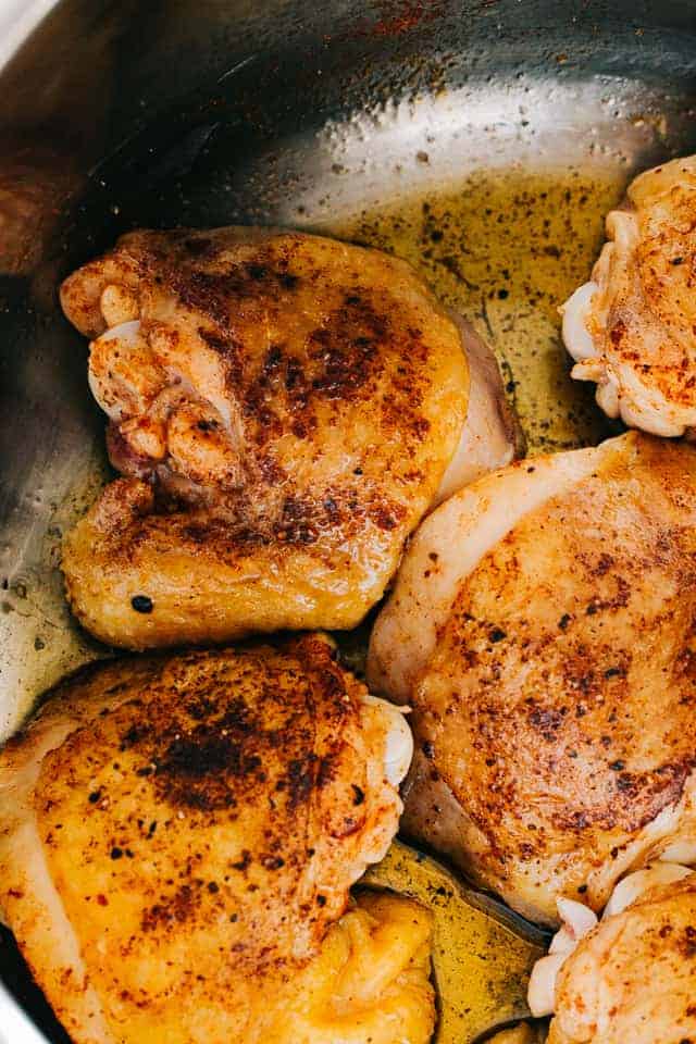 Searing bone-in skin-on chicken thighs in the Instant Pot.