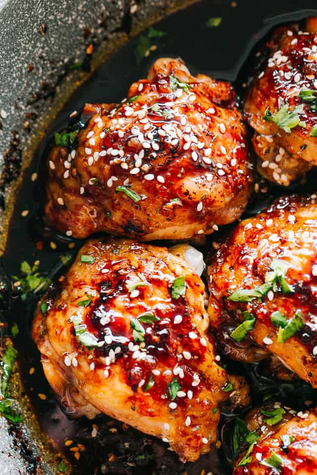 Overhead close-up image of four Instant Pot Sticky Chicken Thighs.