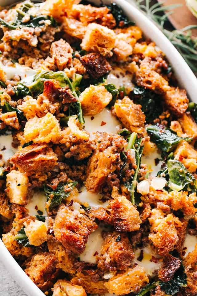 Sausage stuffing in a casserole dish.