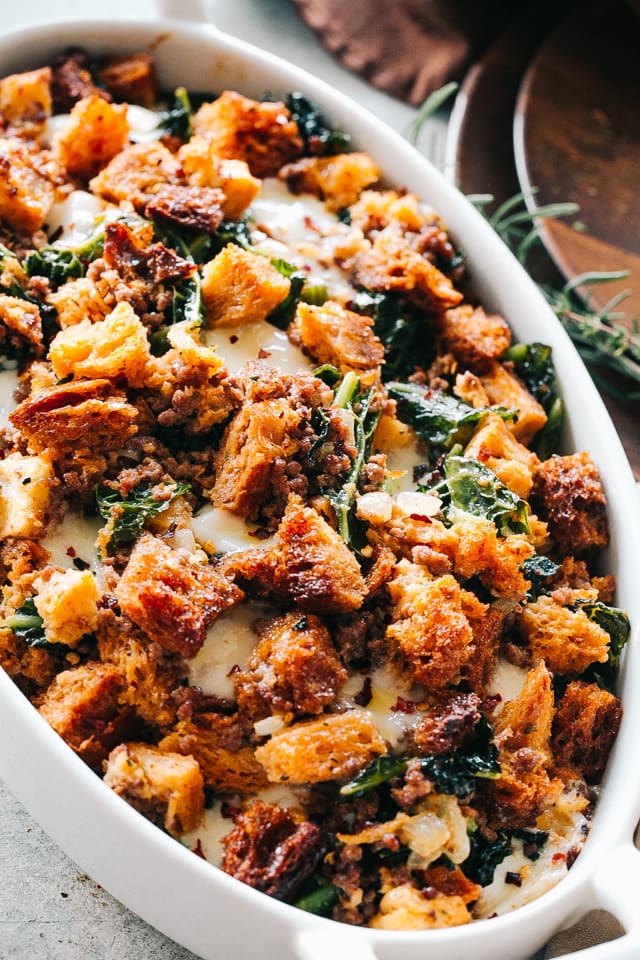 Overhead image of sausage stuffing in a casserole dish.