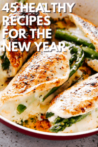 picture of asparagus stuffed chicken breasts with overlay text