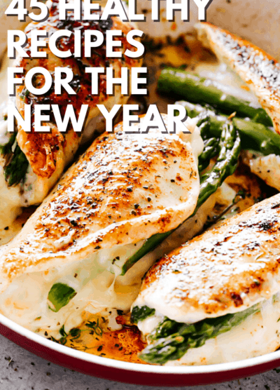 picture of asparagus stuffed chicken breasts with overlay text