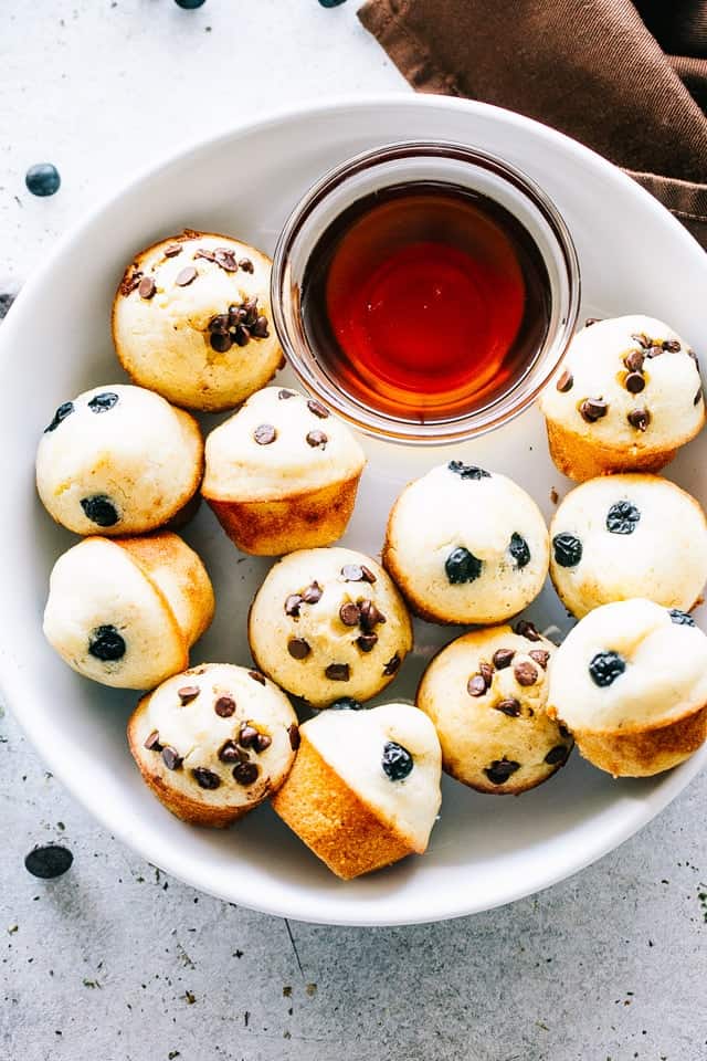 Pancake Muffins arranged on a white round platter.