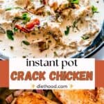 Instant pot crack chicken long Pinterest collage image.