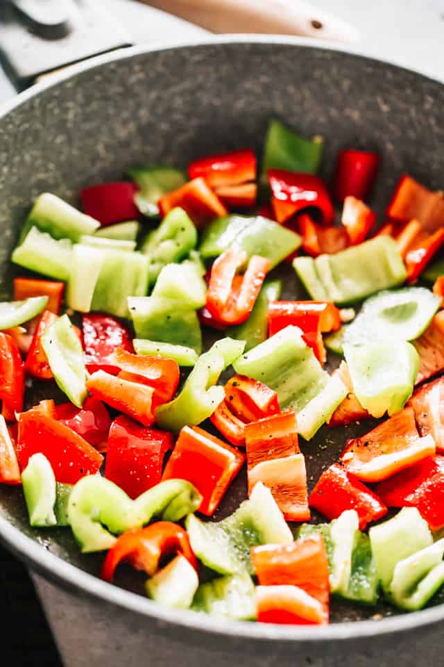 Red and Green Peppers in Skillet