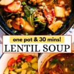 Lentil Soup long Pinterest sharing image.