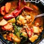 Lentil soup social media sharing image with text overlay.