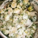 Brussels sprouts and bacon smothered with cheese sauce inside the instant pot.