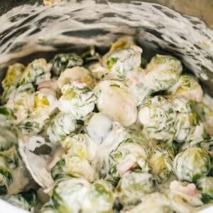 Brussels sprouts and bacon smothered with cheese sauce inside the instant pot.