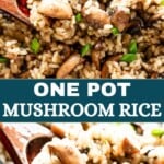 Rice with mushrooms Pinterest image.
