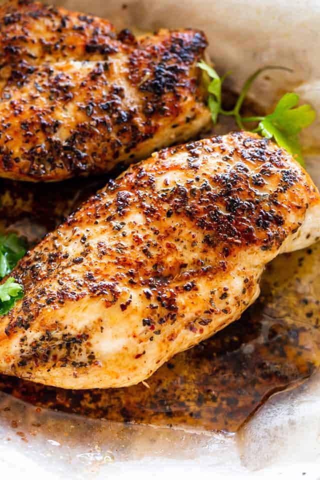 Cooked chicken breasts in the pan