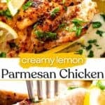 Lemon parmesan chicken Pinterest sharing image with text overlay.