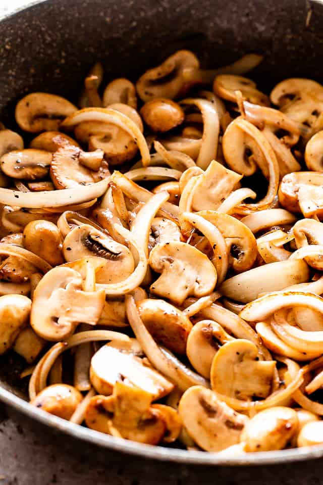 Mushrooms and Onions in a Skillet