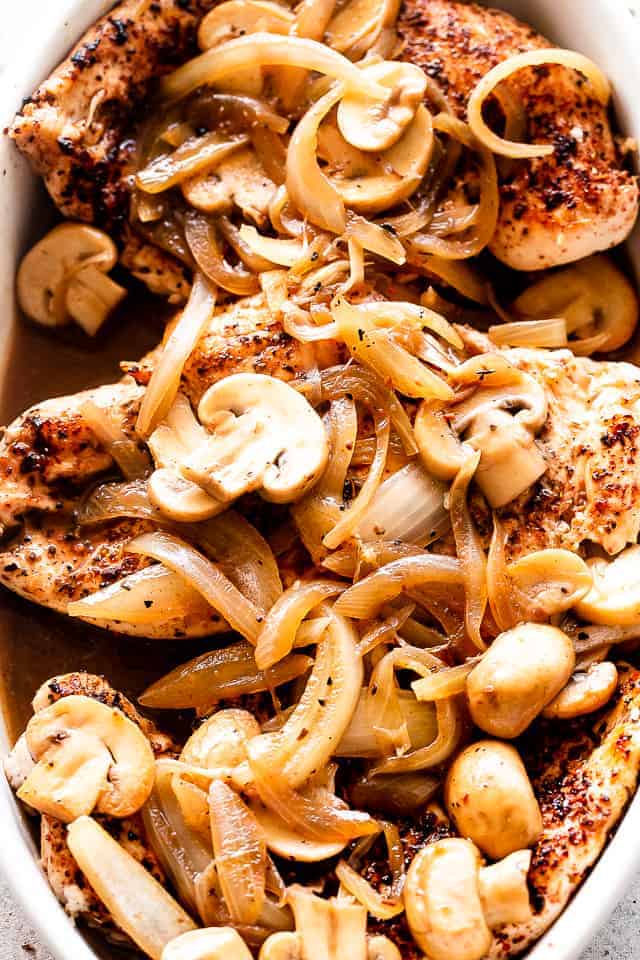 Mushrooms and onions overs chicken breasts. 