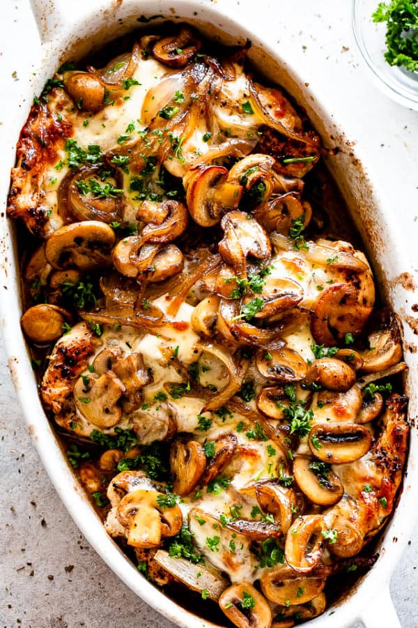 Easy Cheesy Baked Chicken Breasts with Mushrooms