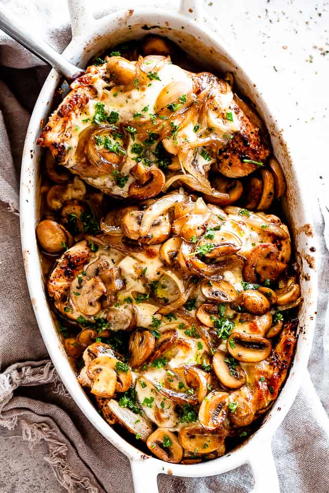 Easy Cheesy Baked Chicken Breasts with Mushrooms