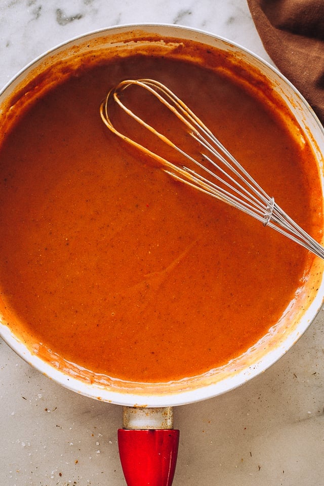 Enchilada Sauce in a skillet.