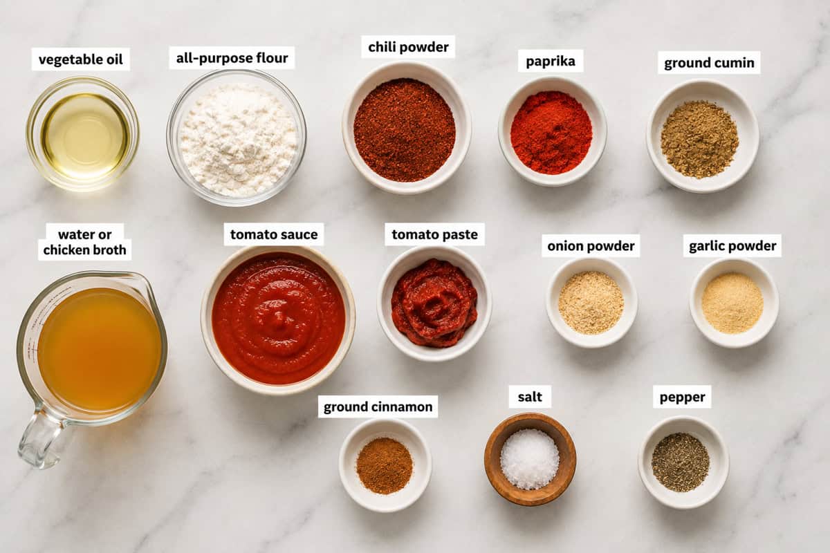 Homemade enchilada sauce ingredients arranged on a marble plate, including tomato sauce, chili powder, cumin, paprika, broth, and spices.