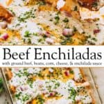 Beef enchiladas Pinterest sharing image with text overlay.