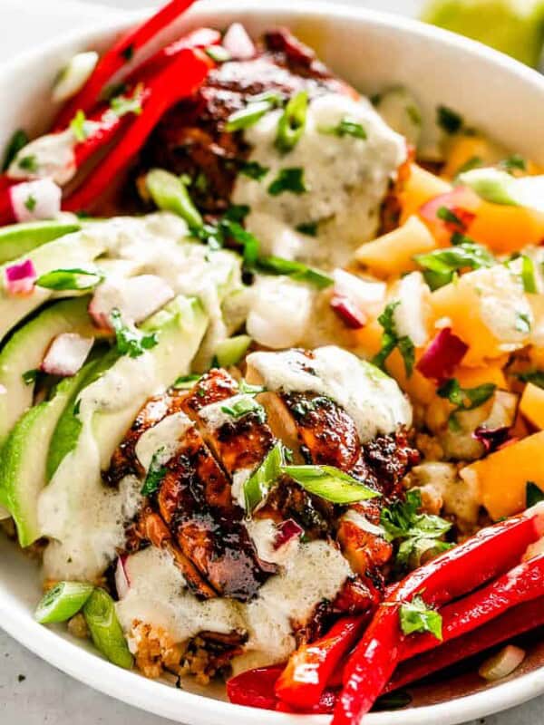 Cajun Chicken over Cauliflower Rice in a bowl.