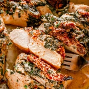 Chicken breasts stuffed with spinach, sundried tomatoes, and cream cheese.