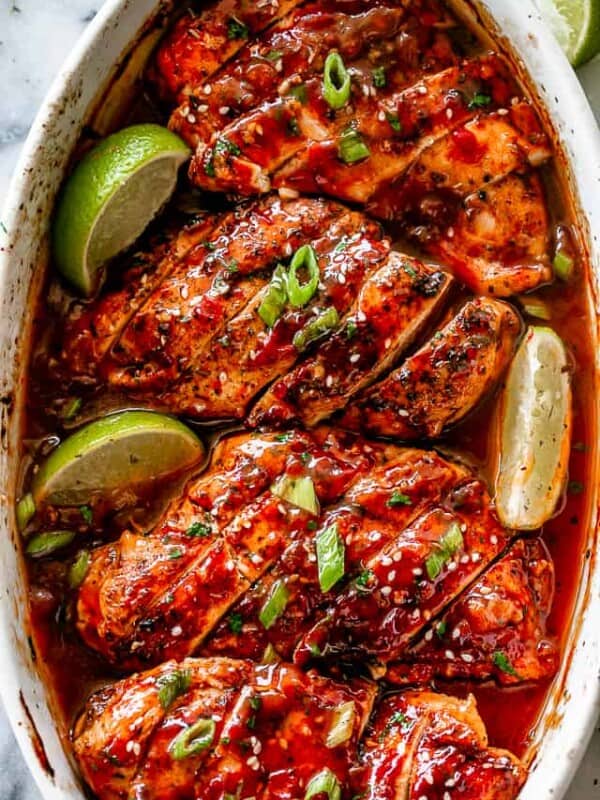 Honey Sriracha Chicken in baking dish.