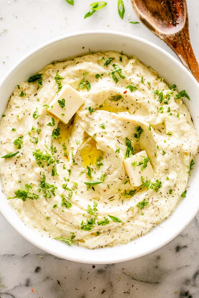 Cauliflower Mash served in a bowl. 