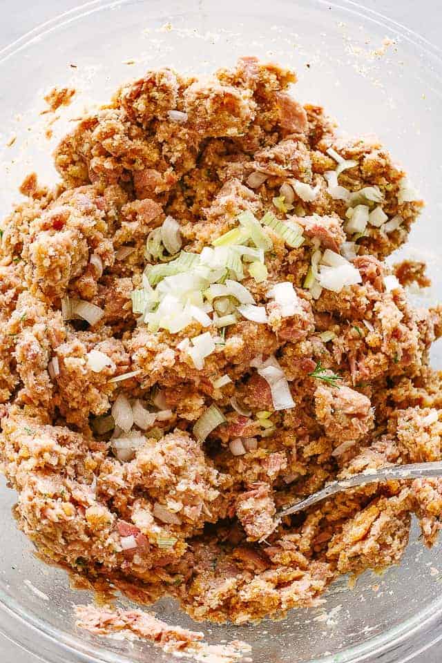 Salmon patty mixture in a bowl.