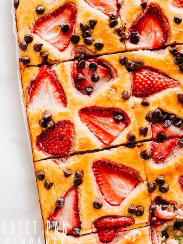 Sheet Pan Pancakes cut in squares.