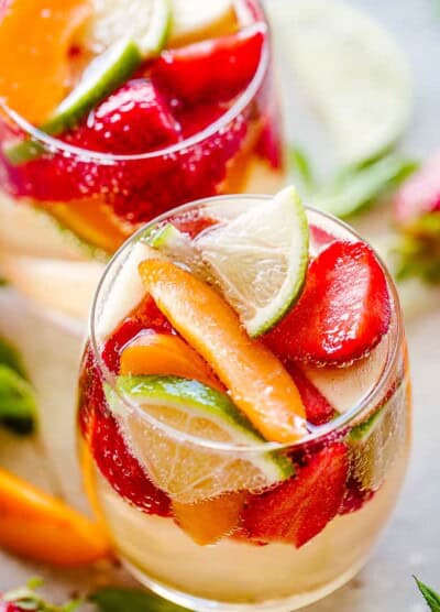 Sangria with fruit served in a glass.