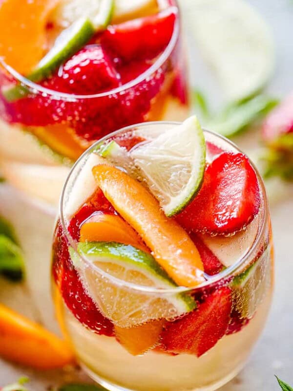 Sangria with fruit served in a glass.