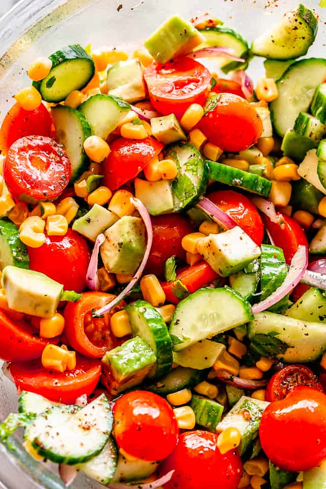 Close-up photo of Tomato Avocado Corn Salad.