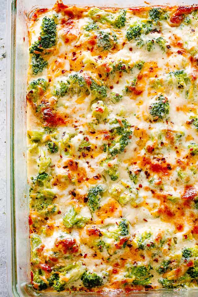 Close-up of cheesy broccoli casserole.