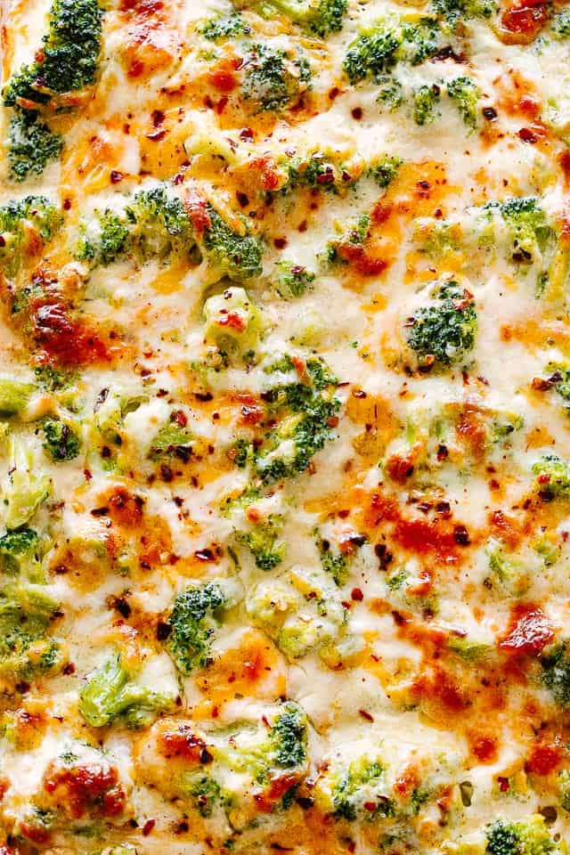 Close-up of cheesy broccoli casserole.