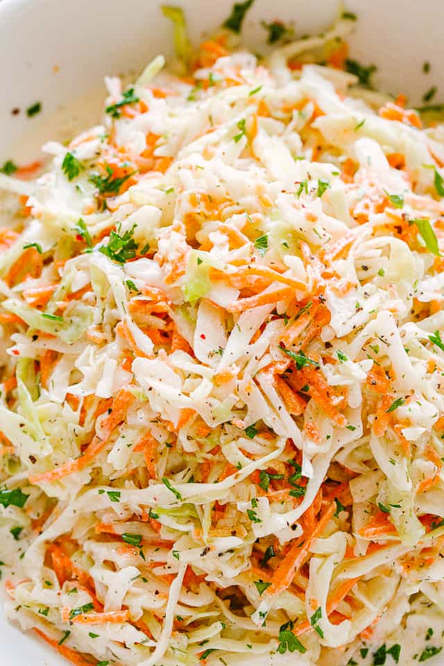 Shredded cabbage and carrots for coleslaw.