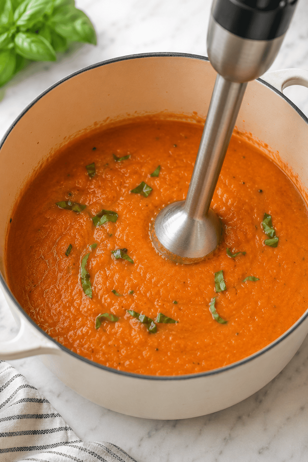Get ready to enjoy our Roasted Tomato Soup, a great recipe that combines the rich flavors of roasted tomatoes, garlic, and basil into a creamy, cozy soup. Blending tomato soup with an immersion blender in a Dutch oven.
