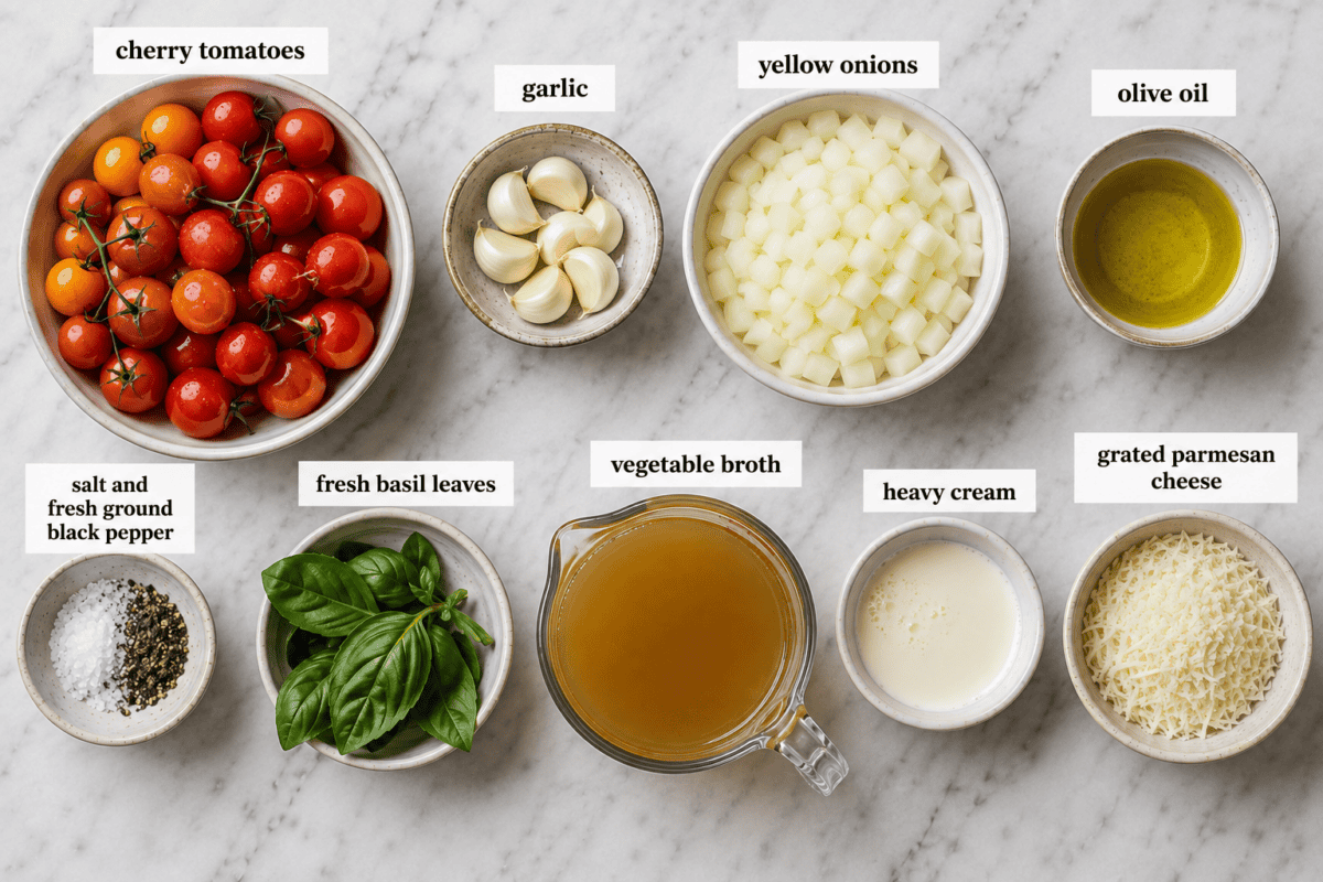 Get ready to enjoy our Roasted Tomato Soup, a great recipe that combines the rich flavors of roasted tomatoes, garlic, and basil into a creamy, cozy soup. Overhead view of roasted tomato soup ingredients, including cherry tomatoes, garlic, yellow onions, olive oil, salt and pepper, fresh basil, vegetable broth, heavy cream, and grated Parmesan cheese.
