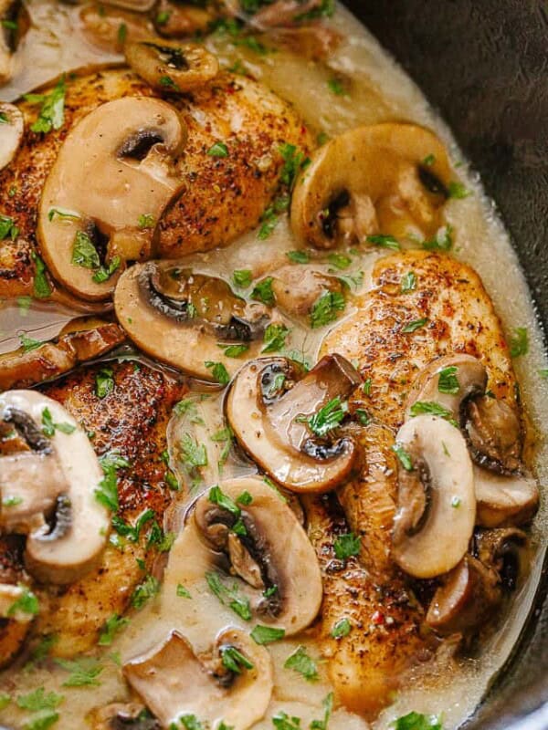 Slow Cooker Chicken Marsala in creamy sauce with mushrooms.