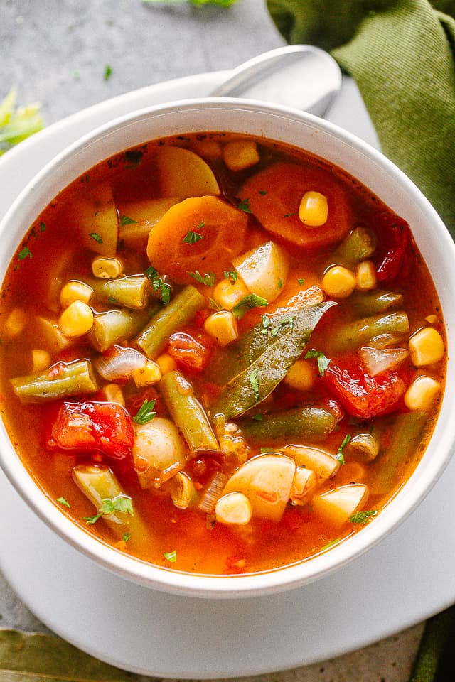 Vegetable Soup served in a white bowl.