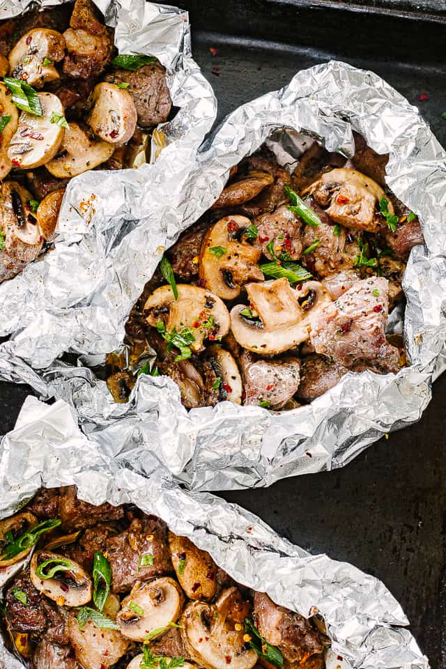 Grilled Steak Bites with mushrooms in Foil packets.