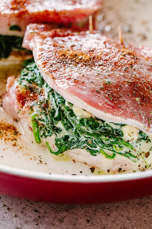 Spinach and blue cheese stuffed pork chops.